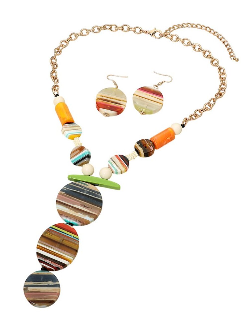 Abstract Fall Colors Pattern Geometric Resin Beaded Statement Necklace Earrings - Picture 5 of 5